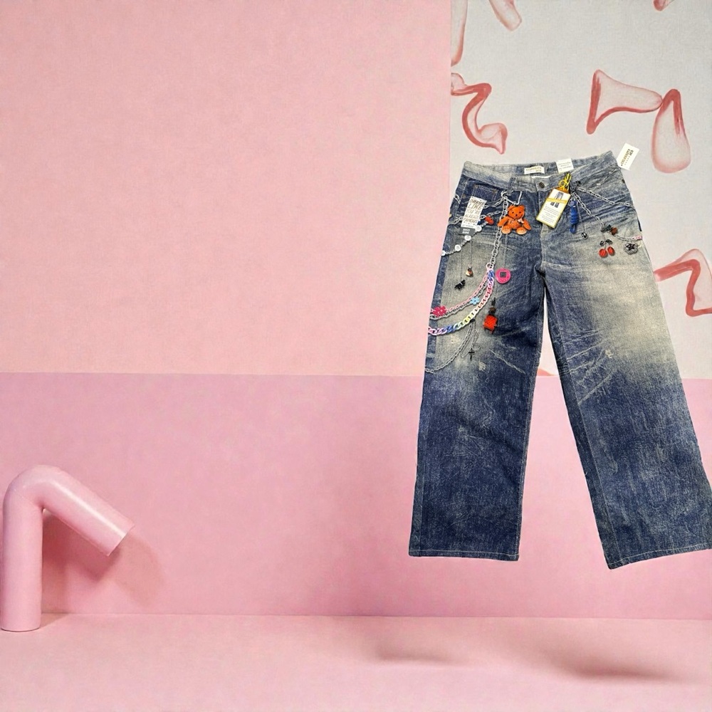 Celebrity Ace wide Leg Retro Artsy Style Embellished Blue Jeans